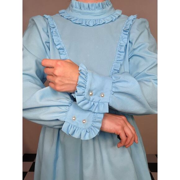 Vtg 60s 70s Handmade Blue Ruffle Prairie Cottage Empire Waist Dress Sz X-Small - Picture 6 of 10
